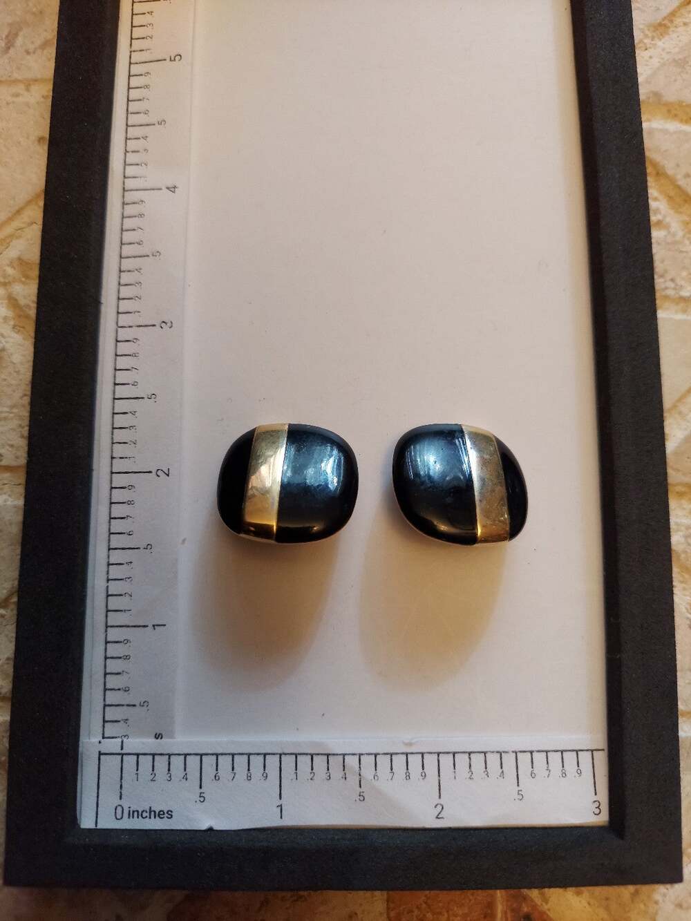Monet Gold Tone Stripe Black Enamel Rounded Square Clip On Earrings